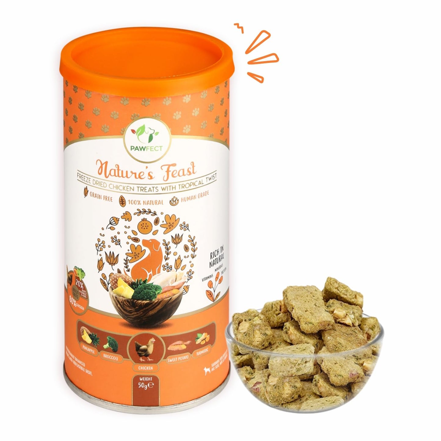 Pawfect Nature's Feast Tropical Twist Freeze-Dried Chicken Treats for Dogs - 80% Chicken, 20% Tropical Fruits & Veggies - 100% Natural - Grain-Free, High Protein Training Treats (50g/1.76oz)
