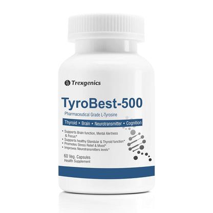 Supplement bottle labeled 'TyroBest-500' by Trexgenics on a white background