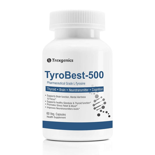 Supplement bottle labeled 'TyroBest-500' by Trexgenics on a white background