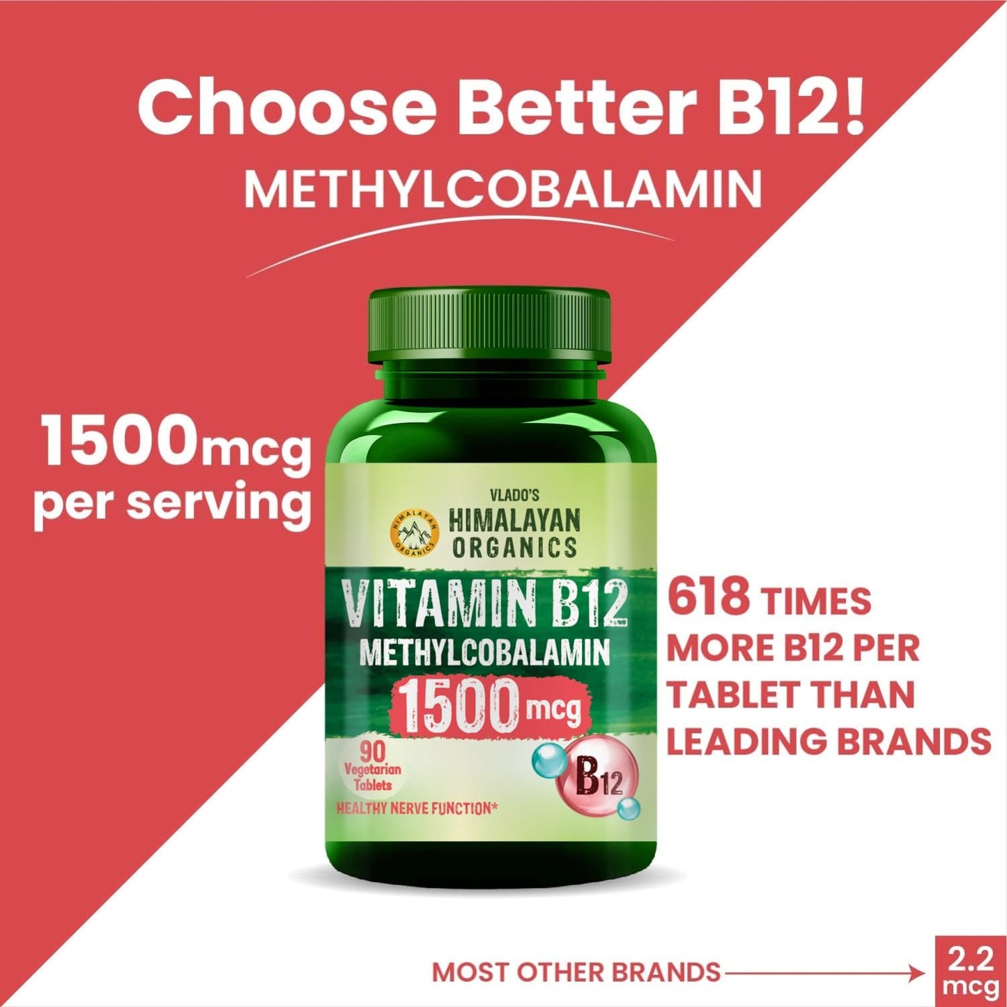 Vlado's Himalayan Organics Methylcobalamin Vitamin B12 1500mcg Supplement for Men & Women - 90 Veg Tablets