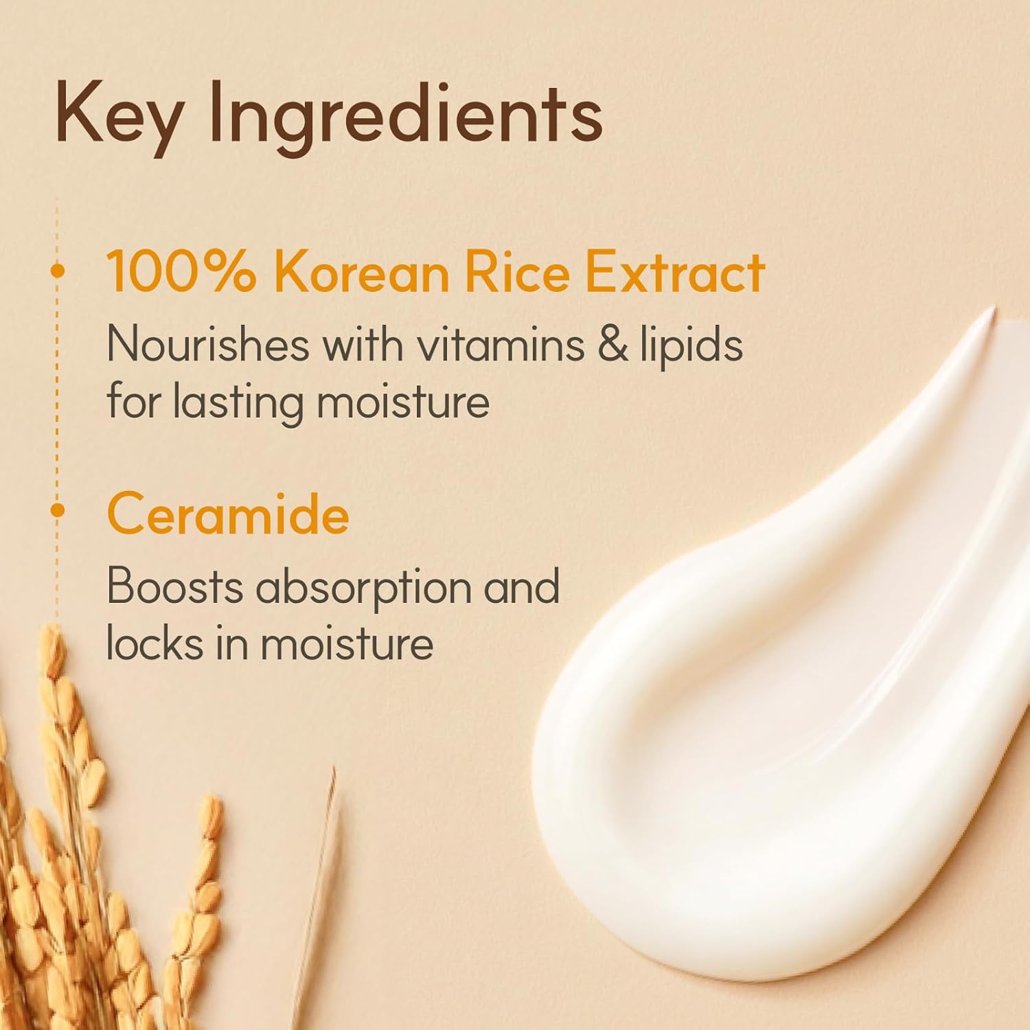 Product description card with key ingredients including Korean rice extract and ceramide on a beige background.