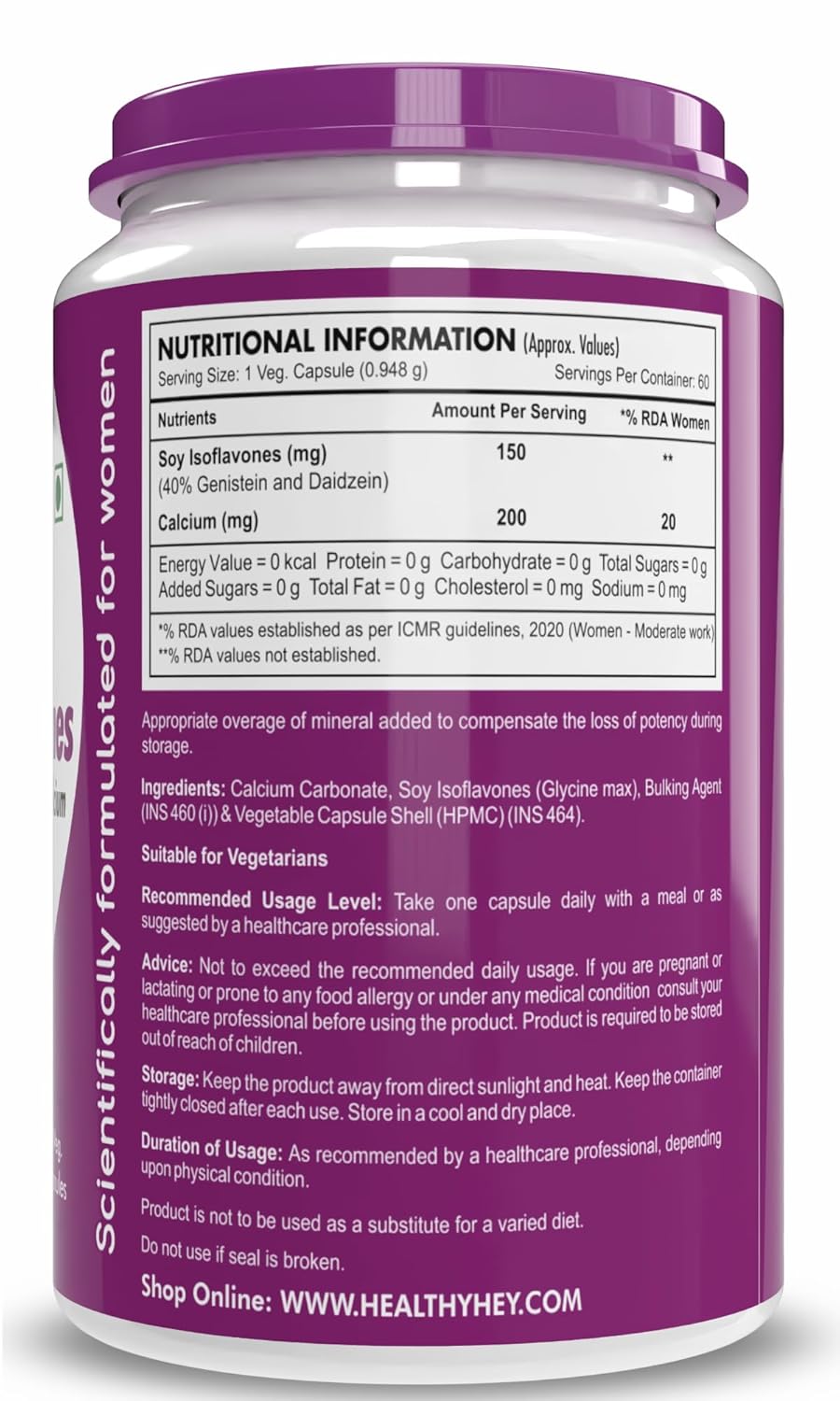 Supplement container with purple label and nutritional information on a white background