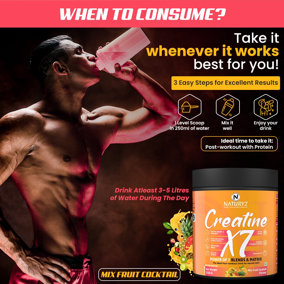 Advertisement for NaturaVZ Creatine X7 supplement showing a person drinking a supplement mix with text on when to consume it.