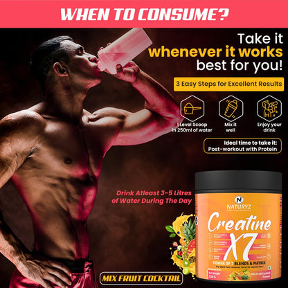 Advertisement for NaturaVZ Creatine X7 supplement showing a person drinking a supplement mix with text on when to consume it.