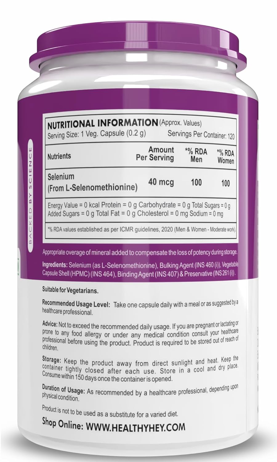 Nutritional information label on a supplement container with a purple lid.