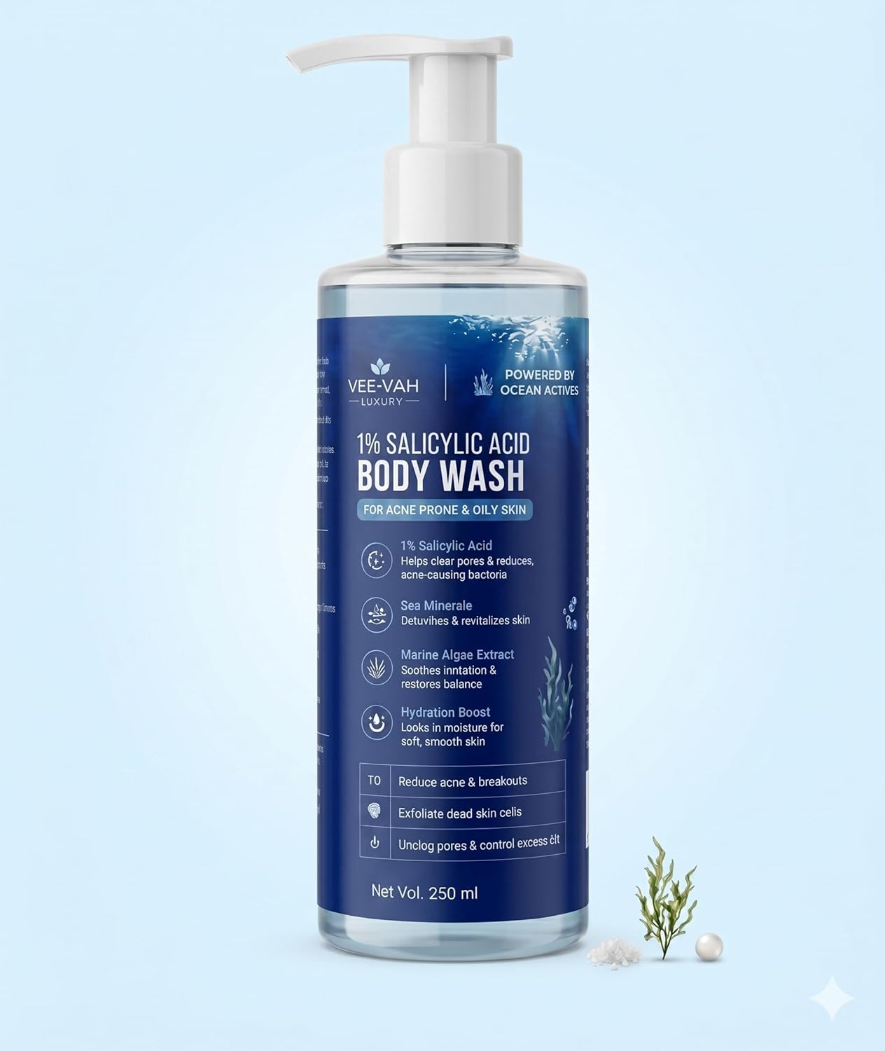 VEE-VAH LUXURY 1% Salicylic Acid Body Wash 250ml | Acne Body Wash for Oily Skin | Exfoliating Body Cleanser for Back Acne & Breakouts | Deep Pore Cleansing with Marine Extracts | Unisex Skincare