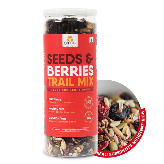 Omay Foods Seeds & Berries Mix, 180g Jar | Trail Mix | Roasted Seeds, Dried Berries | Antioxidants, Omega-3 & Fibre | No Added Sugar | Oil-Free | Healthy Snack for Weight Loss