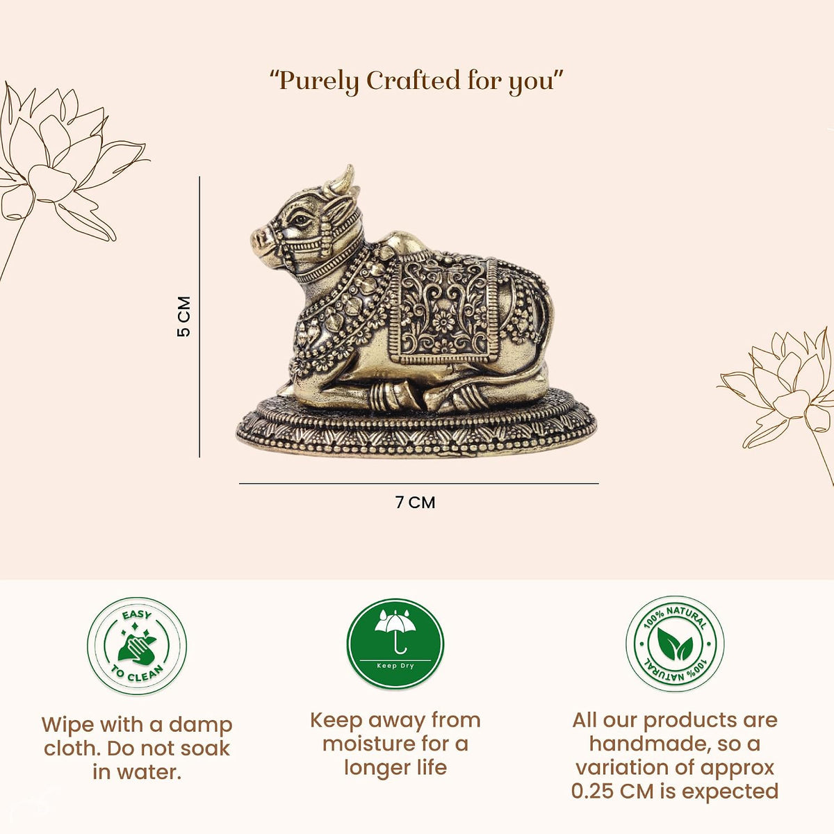 Handcrafted Brass Nandi Murti | Sacred Bull Idol for Shiva Pooja & Home Temple | Traditional Hindu Devotional Statue (Design02: L7 x W4 x H5 cm)