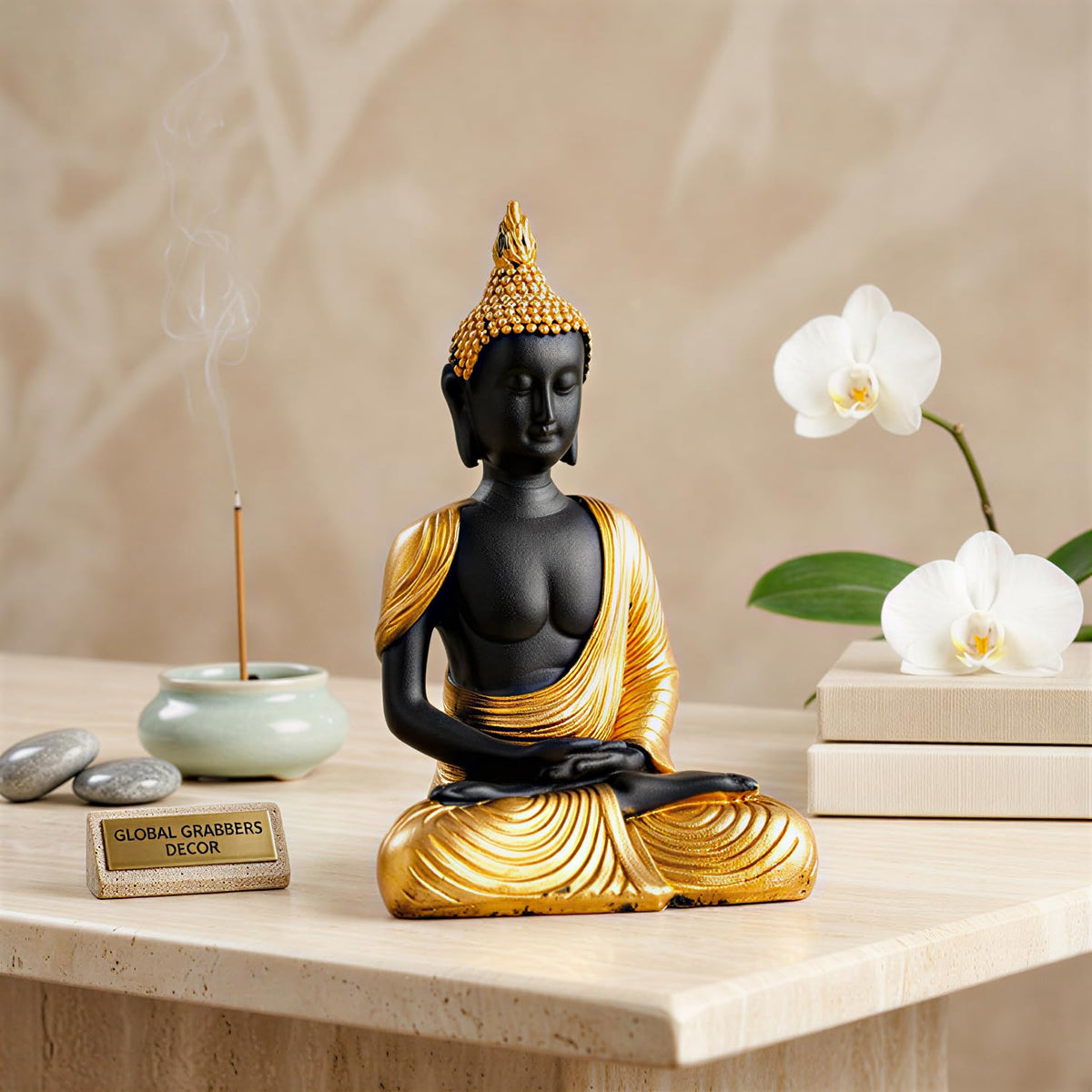 new Sitting Meditating Buddha Statue showpiece Idol Home Decor Items for Living Room and Gifts-GOL_BLK-DB13