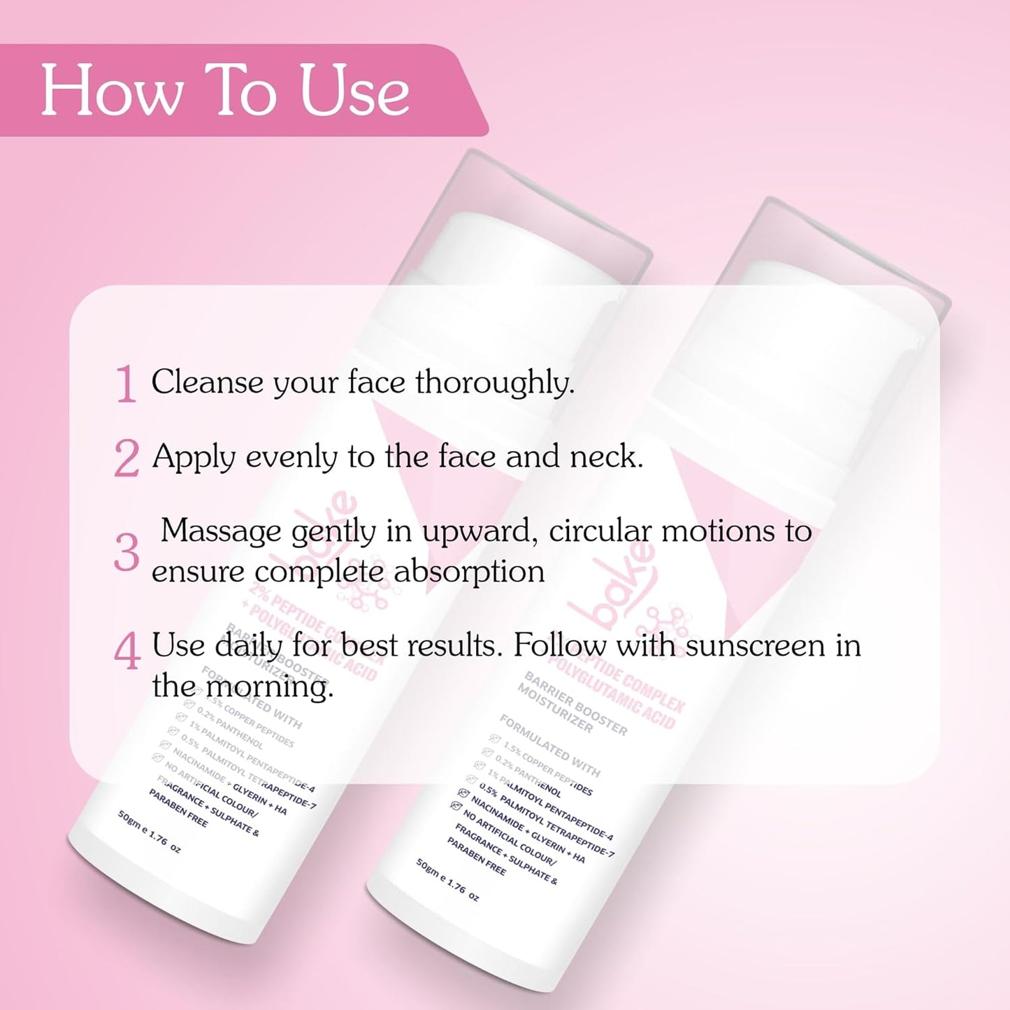 BAKE 2% Peptide Complex Moisturizer with Polyglutamic Acid, 1.5% Copper Peptides, Niacinamide for Barrier Repair & Strengthening | Non Comedogenic, For Oily, Normal & Sensitive Skin - 50g