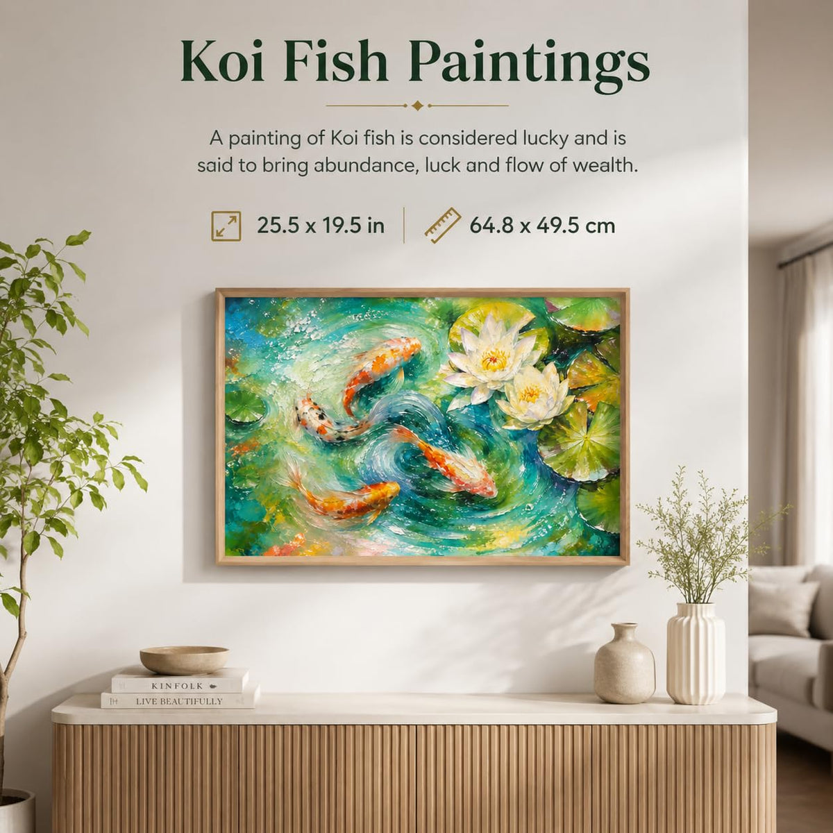 Koi Fish Lotus Pond Vastu Wall Painting for Living Room Bedroom Hall Office Decor, Water Lily Nature Artwork, Premium Wooden Synthetic Frame (13.5 x 19.5 Inch) NM01-V-178