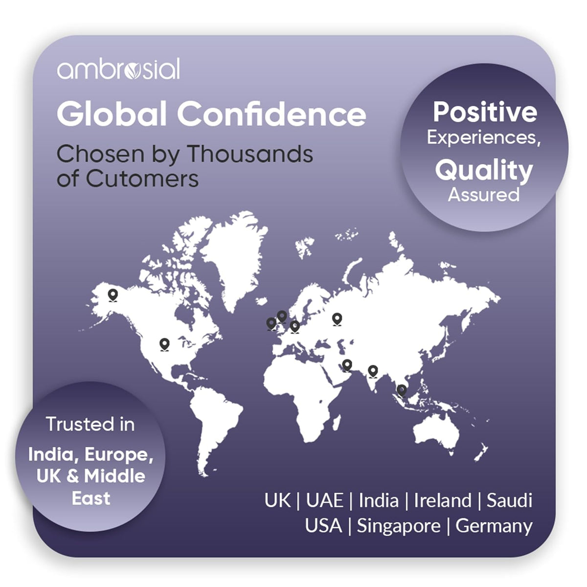 World map withpinpoints and text about global confidence and customer trust, branded with Ambrosial.