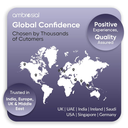 World map withpinpoints and text about global confidence and customer trust, branded with Ambrosial.