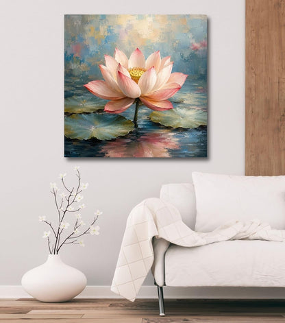 Lotus Flower Painting for Wall Vastu (15+ DESIGNS) Framed Lotus Canvas Painting for Living Room, Bedroom | Nature Floral Wall Art with Multiple Design Variations (Pink Single Lotus, 18x18 Inch, Framed)