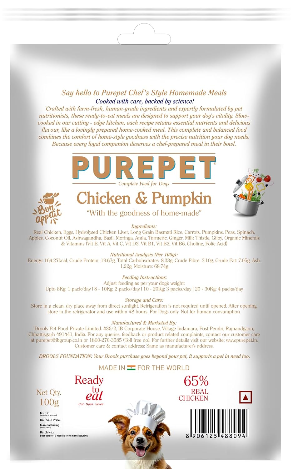 Purepet Fresh Dog Food Chicken & Pumpkin, for Adult & Puppy, 100gm | High Protein, 65% Real Chicken, 35% Fruits & Veggies | No Preservatives | Ready to Serve | All Breeds | One Pack One Meal