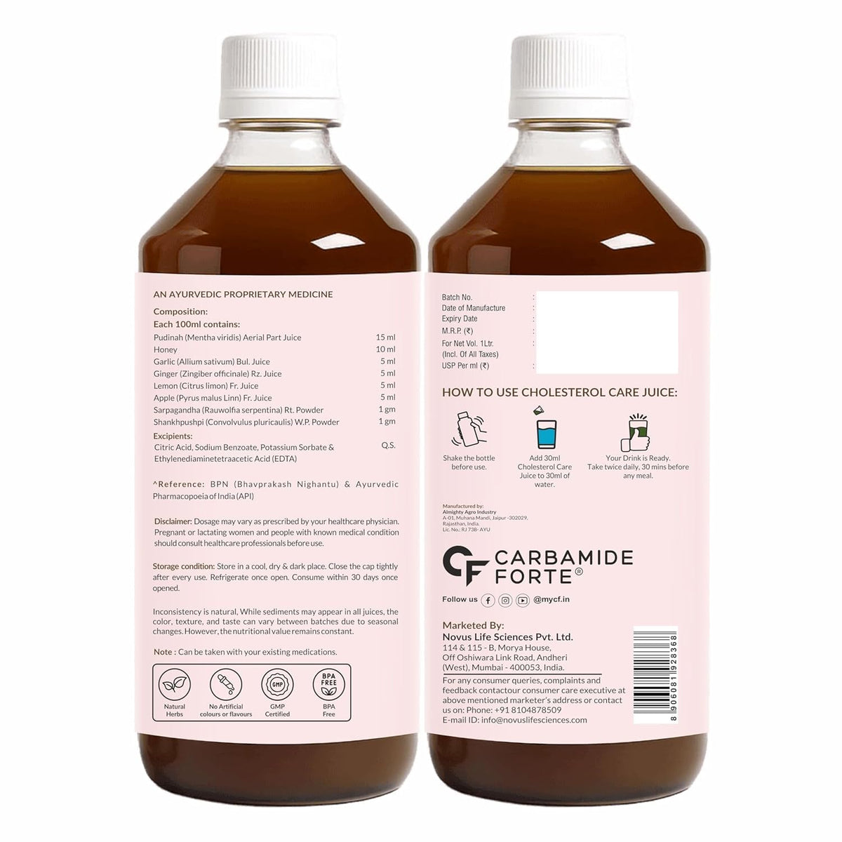 Carbamide Forte Ayurvedic Cholesterol Care Juice - 1L | Cholestrol Juices that Contains Honey, Apple Cider Vinegar, Ginger, Garlic; Helps In Digestion | Sugar free Cholesterol Care Juice 1000 ml