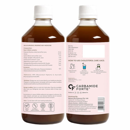 Carbamide Forte Ayurvedic Cholesterol Care Juice - 1L | Cholestrol Juices that Contains Honey, Apple Cider Vinegar, Ginger, Garlic; Helps In Digestion | Sugar free Cholesterol Care Juice 1000 ml