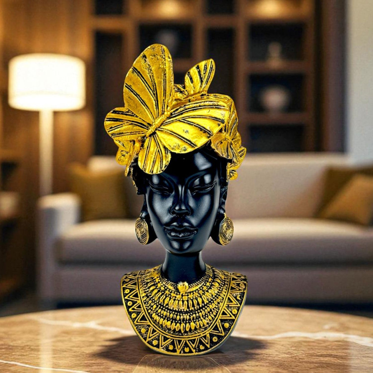 Golden Butterfly Goddess Bust Polyresin Showpiece 26 cm African Queen Figurine Black & Gold Statue for Home Decor Living Room Office Table Gift | Tabletop Decorative Showpiece