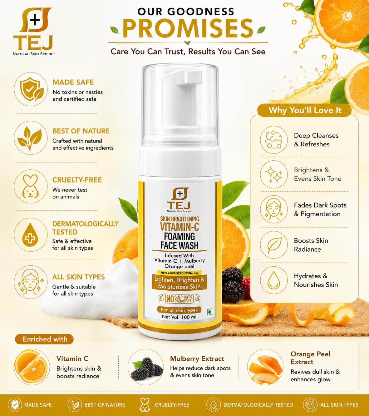 TEJ BEAUTY CARE Vitamin C Foaming Face Wash for Gentle Facial Cleansing Brightening and Natural Glow | Daily Refreshing Foam Cleanser for Soft Hydrated Complexion (100 ml)