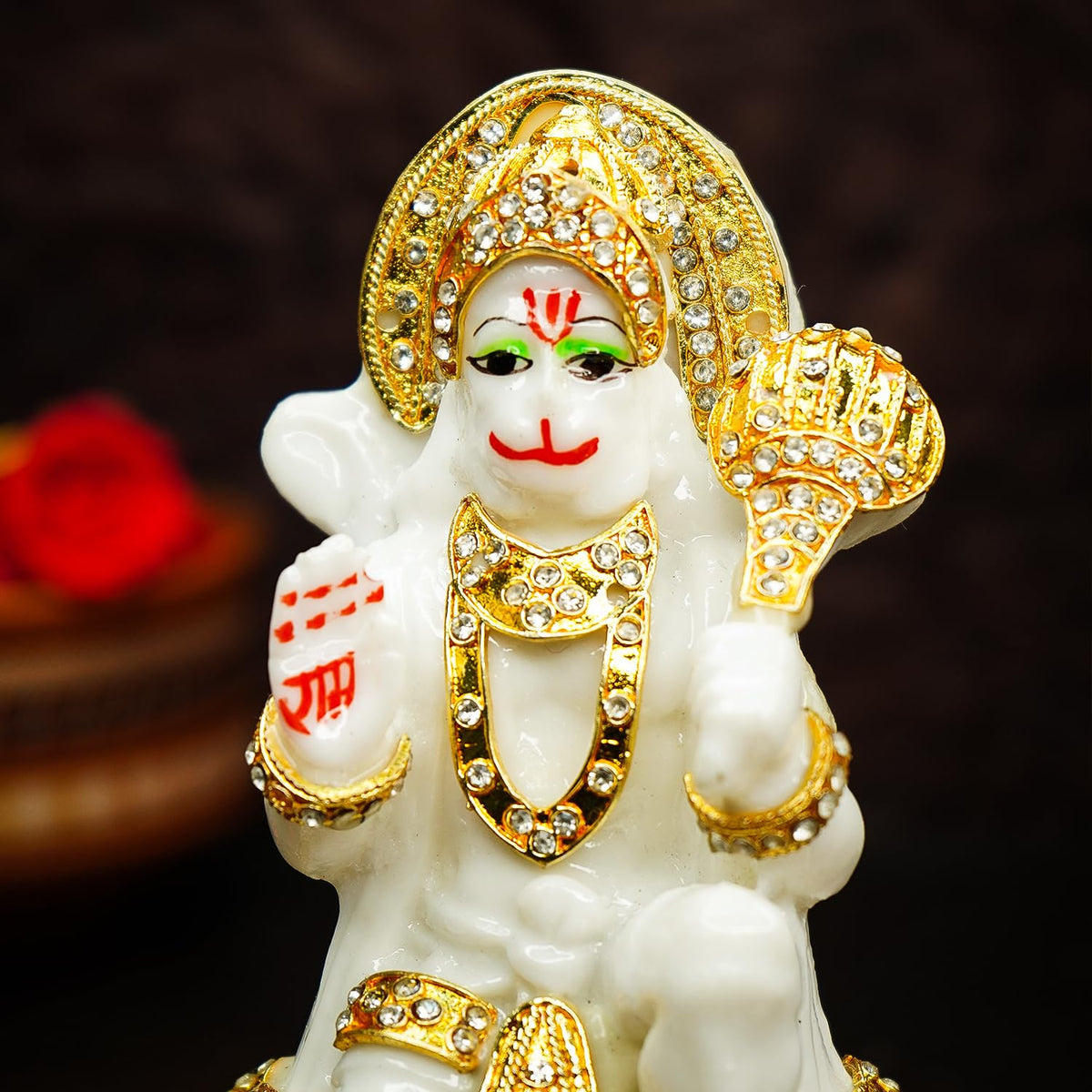 Marble Dust Hanuman Ji Murti for Home Puja (5 inch) | Jewellery Embellished Lord Hanuman Idol for Home Decor | Resin Bajrangbali Murti for Puja Room | Bahubali Hanuman Idol with Gada for Gift