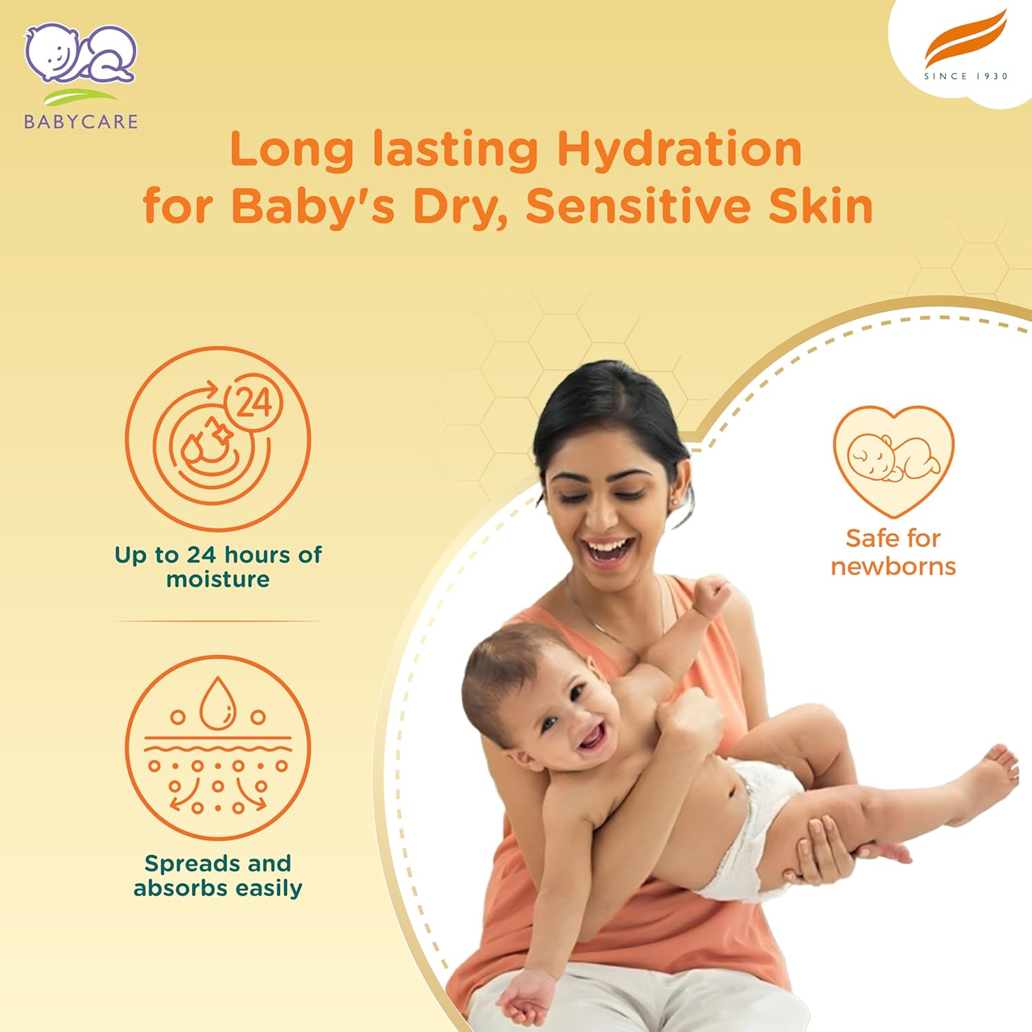 Advertisement for baby care product showing a woman holding a baby with product features highlighted.