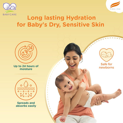 Advertisement for baby care product showing a woman holding a baby with product features highlighted.
