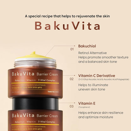 THANKYOU FARMER Bakuvita Barrier Cream (50ml) Day & Night Korean Moisturizer with Bakuchiol Retinol Alternative, Vitamin C + E, Deep Hydration, Skin Barrier Repair, Radiant Glow, Lightweight, Non-Sticky Daily Face Cream