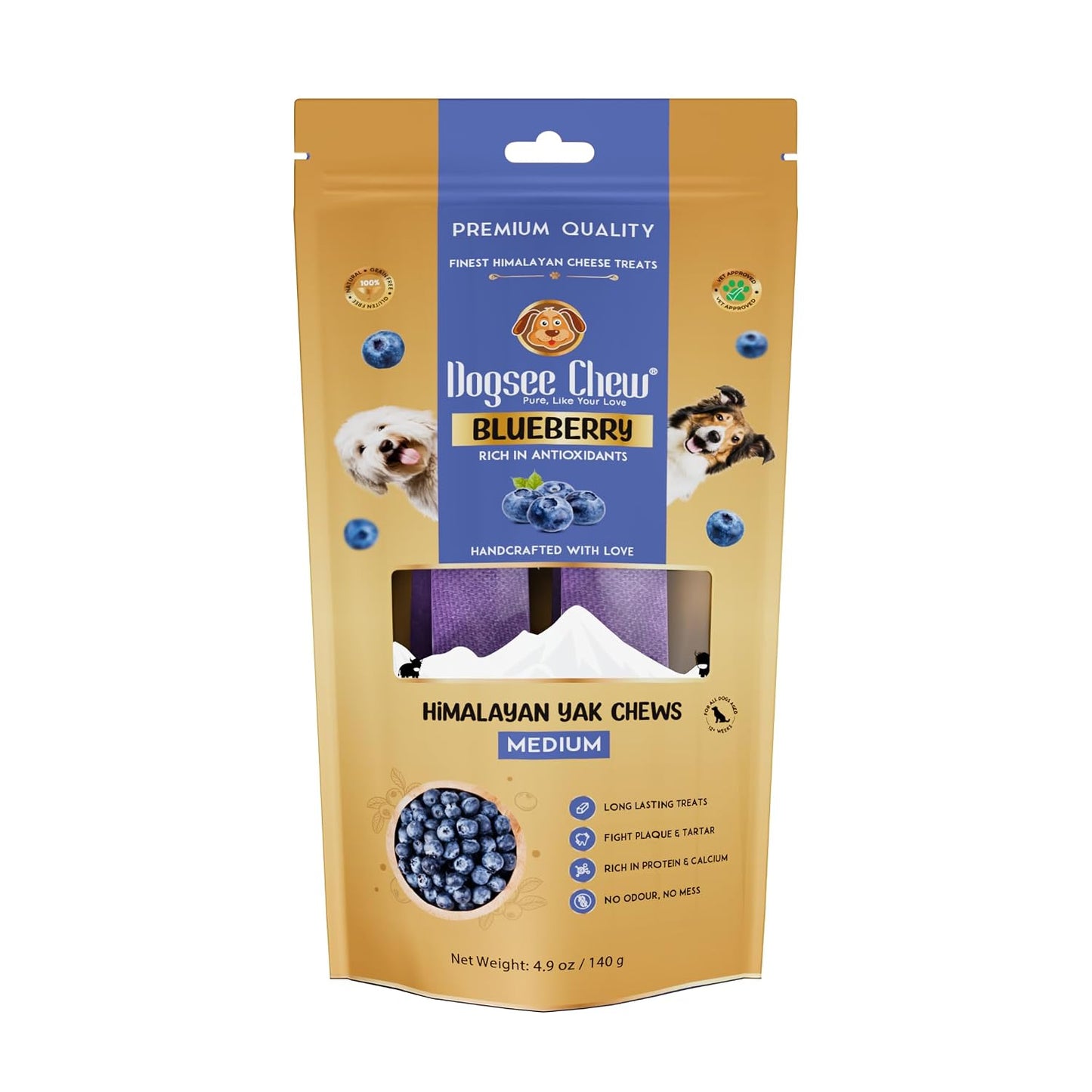 Dogsee Flavored Himalayan Yak Cheese Dental Chews for Dogs 140g (Medium - 2 Chews) | for Healthy Skin & Coat | No Grain, No Gluten | Odorless Dog Treats (Medium, Blueberry)