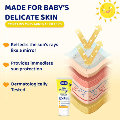 Chicco Baby Moments Mineral Sun Cream SPF 50 for Babies, 75g| 100% Mineral Sunscreen | PA++++ | UVA and UVB Protection | Phenoxyethanol, Parabens & Lauryl Sulphates Free