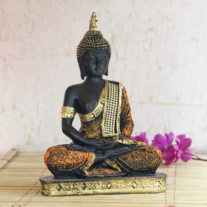 eCraftIndia Orange Black Resin Meditating Buddha Statue | Lord Buddha Statue for Home Decor Living Room Office | Buddha Showpiece | Buddha Idol Gift for Diwali Buddha Purnima Birthday Housewarming