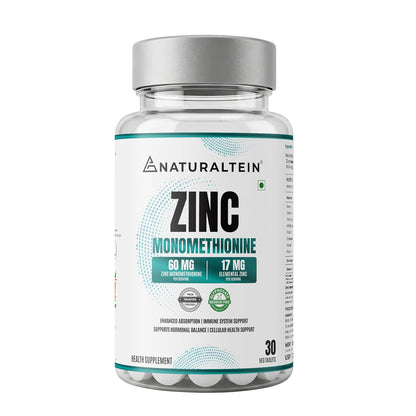 Naturaltein Zinc Monomethionine 60 mg | 17 mg Elemental Zinc per Tablet | Supports Immune Health, Antioxidant Protection & Skin Wellness | 30 Count
