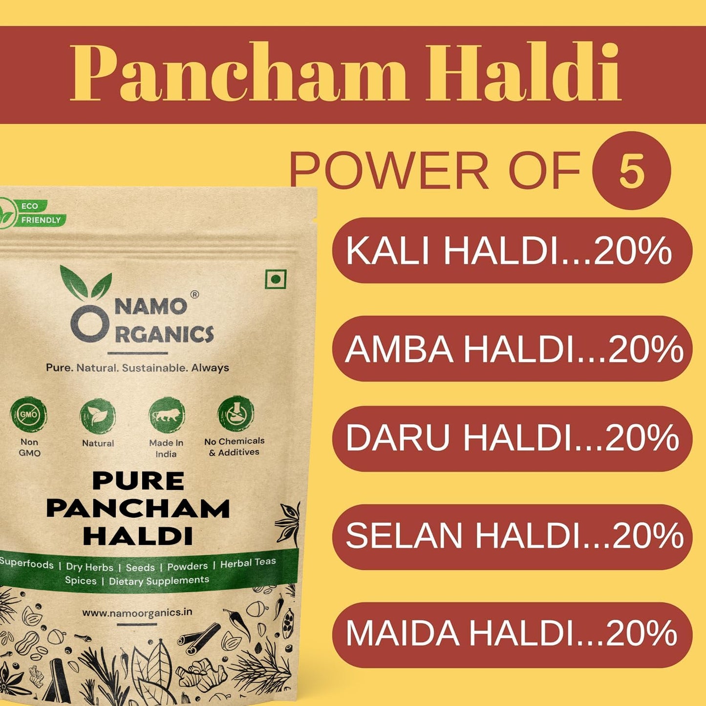 Namo Organics - Pancham Haldi 200g - Powder Ayurvedic Turmeric Blend with 5 Types of Turmeric Pure & Natural Haldi II The Original Pancham Haldi