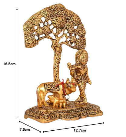 Collectible India Metal Krishna Idol Murti with Kamdhenu Cow - Gold Plated Showpiece (Set of 5)