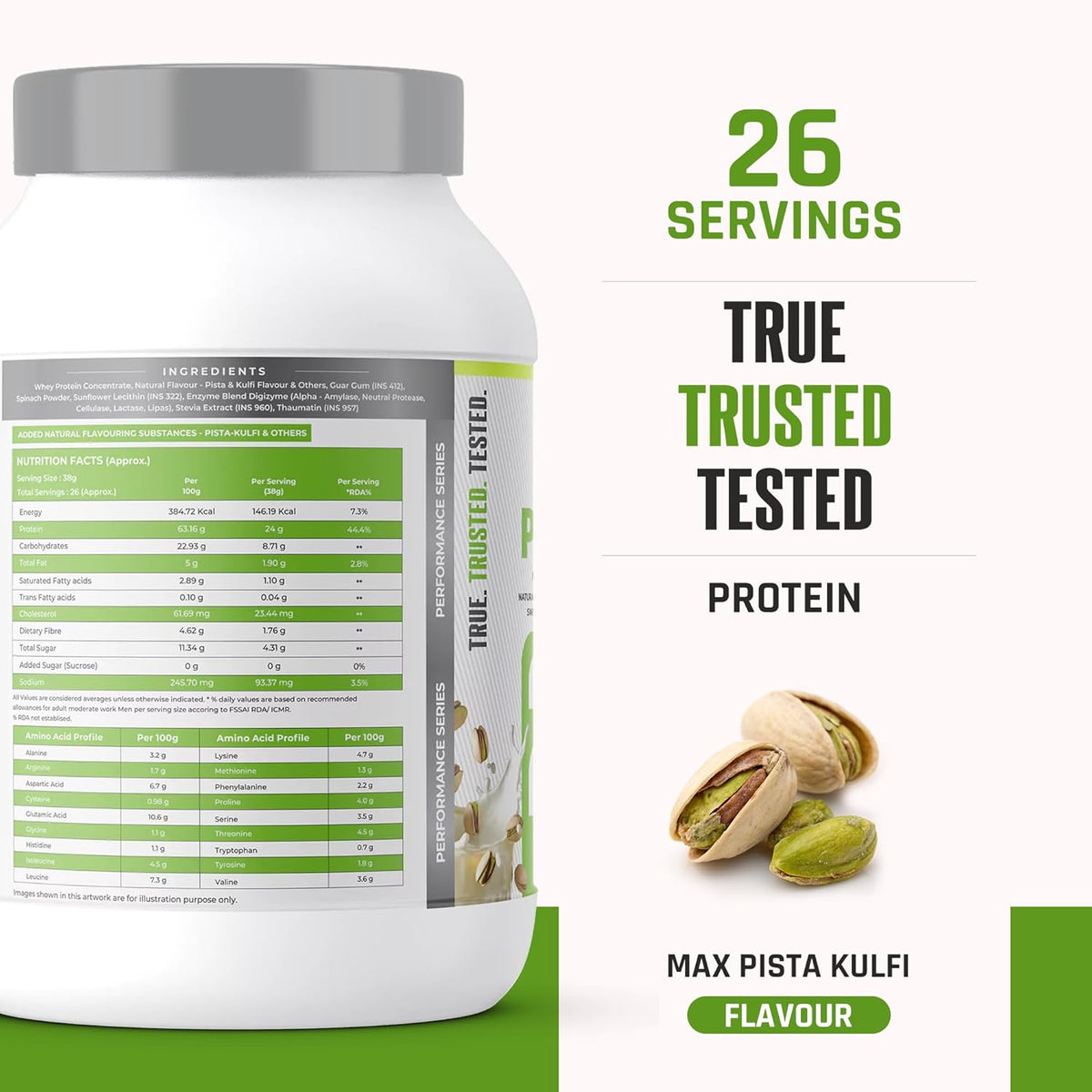 Protein supplement container with nutritional information and flavor details on a white background