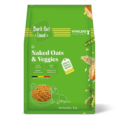 Bark Out Loud/Vivaldis - Naked Oats & Veggies, Small/Mini Breeds | Premium Veg Dog Food | Prebiotics & Probiotics, Vitamins and Fibre | Vegeterian Dry Dog Food Kibbles (1 Kg)