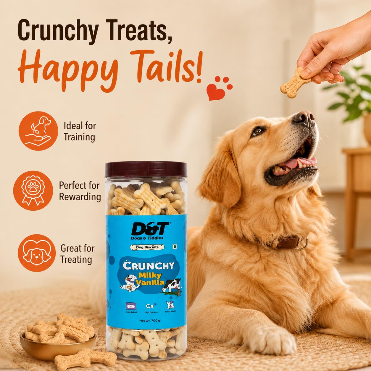 Dogs & Tiddles Milky Vanilla Dog Biscuits 700g | Oven Baked Crunchy Dog Treats | High Calcium Dog Snacks for All Life Stages & All Breeds