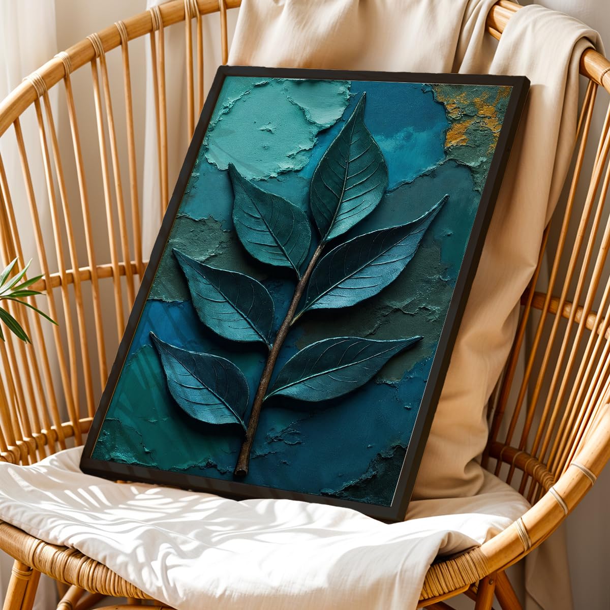 Botanical Leaf Wall Painting with Frame Set of 1 | Premium Textured Teal Green Leaf Artwork, Modern Nature Inspired Wall Decor for Living Room, Bedroom, Office and Home Decoration (Art-18,13x19inch)