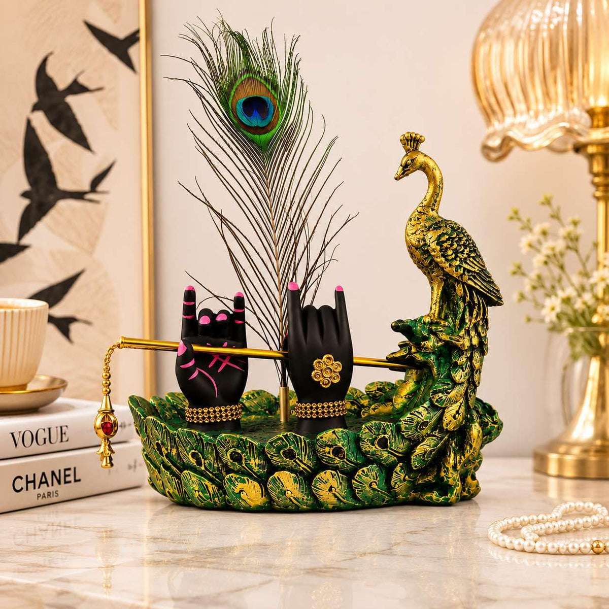 Krishna Hand Mor Pankh Showpiece for Home Decor, Lord Krishna Decorative Statue with Peacock Feather & Flute Design, Spiritual Idol for Living Room, Pooja & Gifting (Green, 22cm)