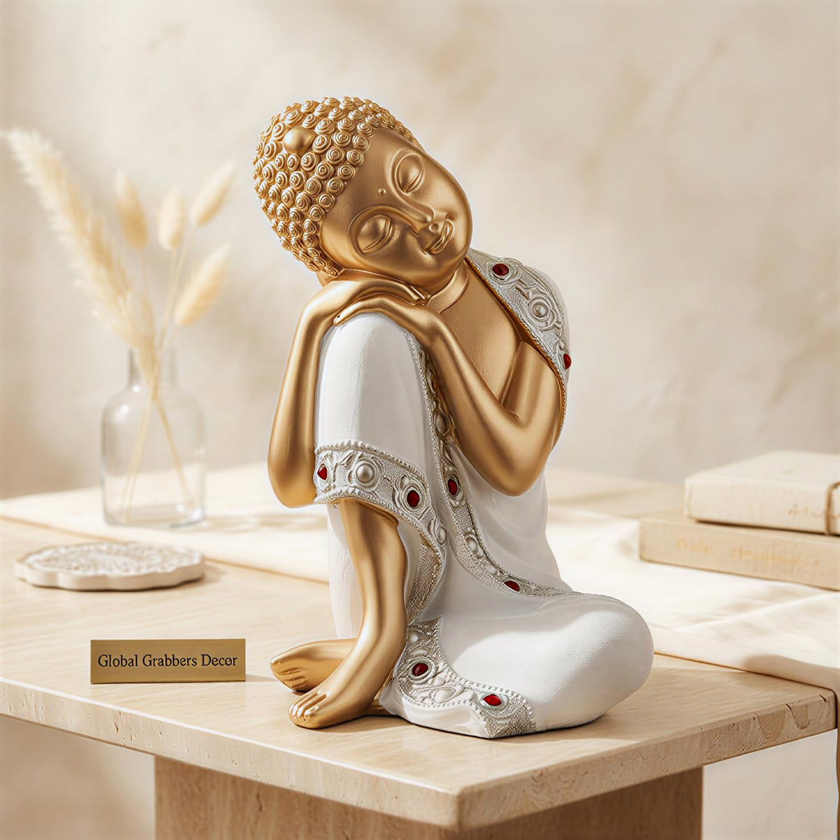 Buddha Idol Statue | Show Pieces for Home Decor Living Room (White Golden)