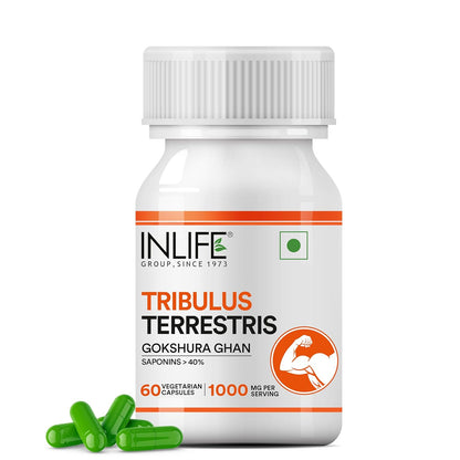 INLIFE Tribulus Terrestris For Men | Gokshura with Saponins >40%, 1000mg per serving - 60 Vegetarian Capsules (Pack of 1, 60)