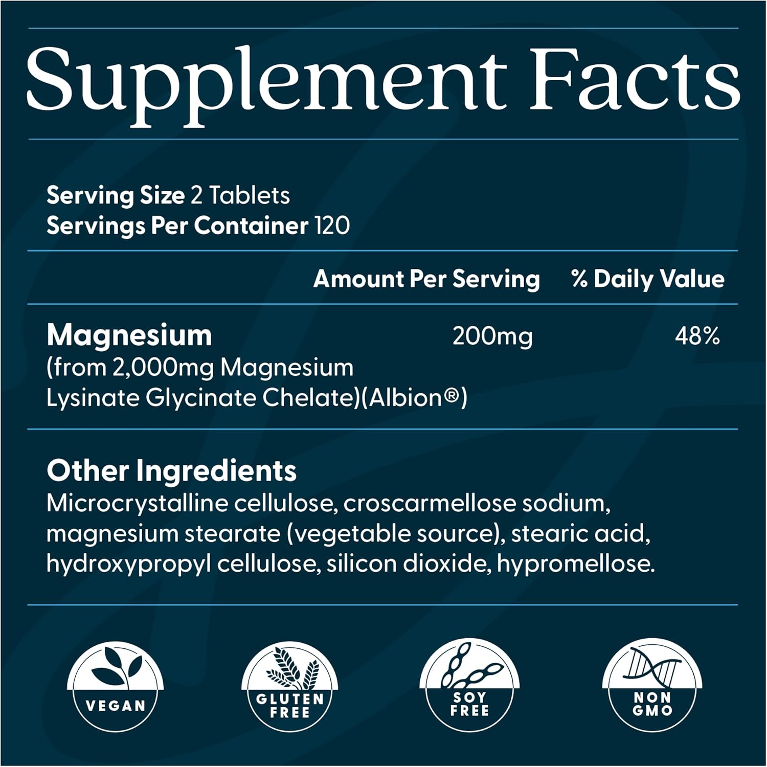Supplement facts label with magnified text on a dark blue background