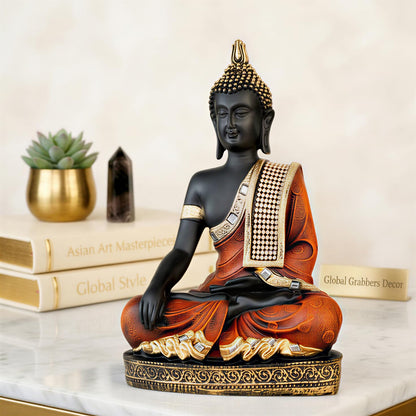 Buddha Idol Statue | Home Decoration Items for Living Room (Orange Black)