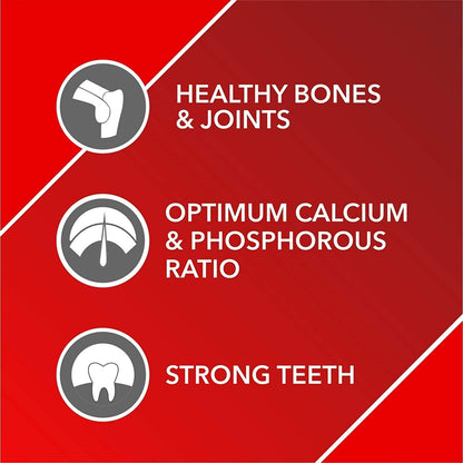 Red background with white text and icons about healthy bones, joints, calcium, phosphorous, and strong teeth.
