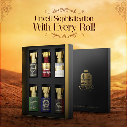 Adilqadri Assorted Luxury Attar Combo Perfume Gift Set for Men & Women (Pack of 6) – Non-Alcoholic Roll-On attar Collection | Long-Lasting Fragrance Set | Gift Hamper for Him & Her | Ideal for Special Occasions | 5.5ml Each