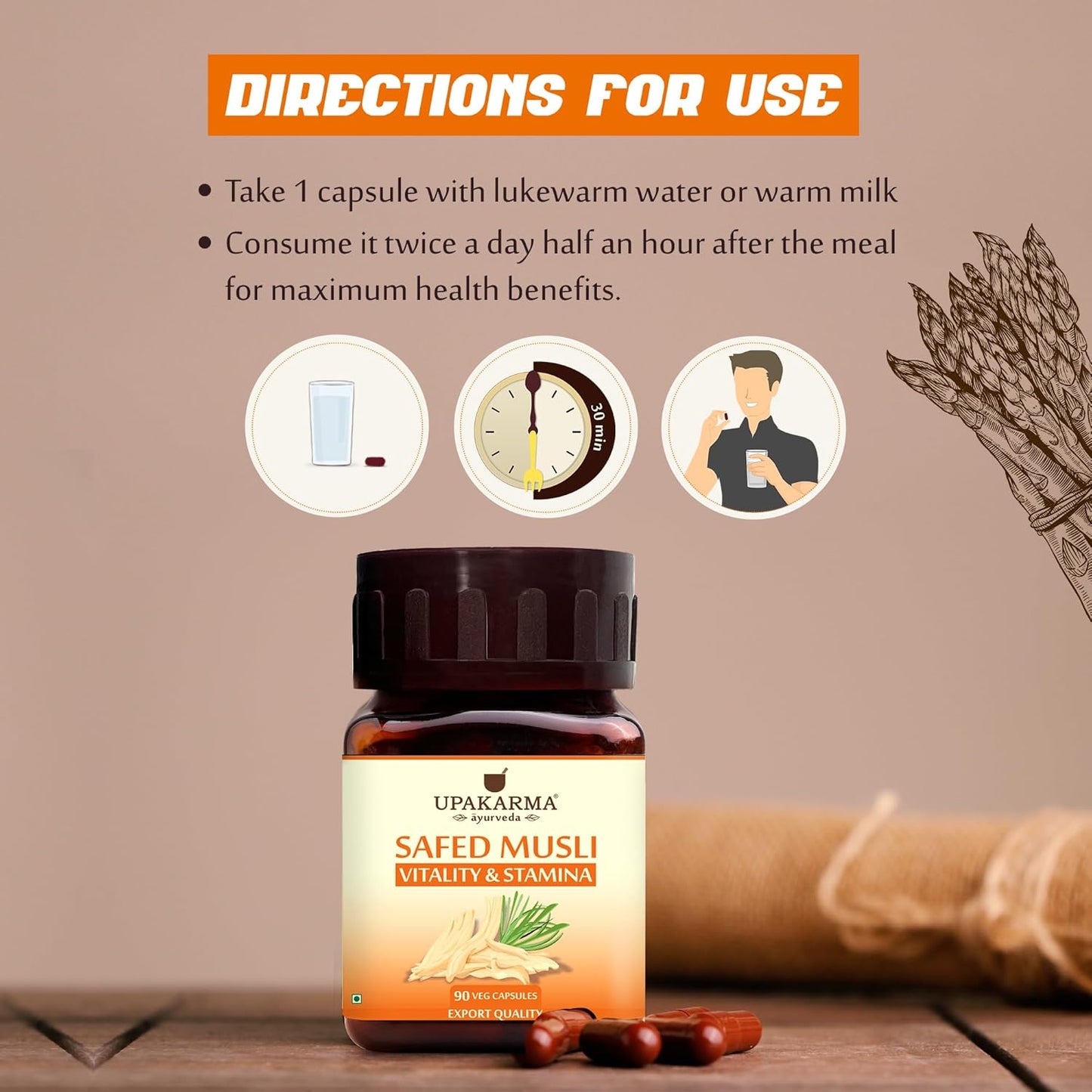 UPAKARMA Safed Musli Capsules (500 mg) | Stamina & Vitality Booster for Men | 90 Veg Capsules - Pack of 1