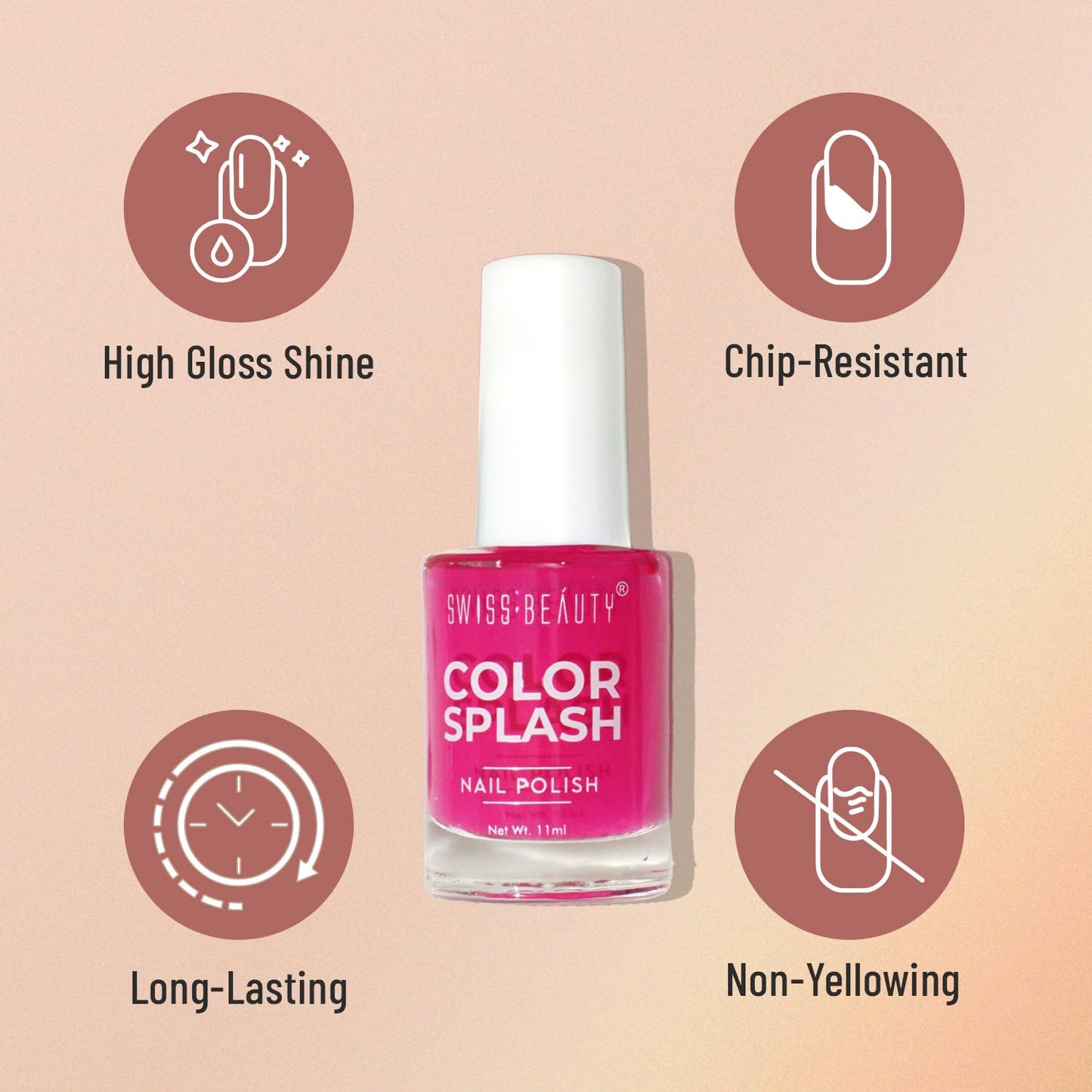 Swiss Beauty Color Splash Nail Polish - Long-Lasting, Glossy - 11 ML, Crimson Pink