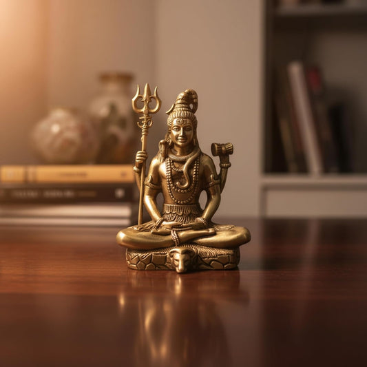 Golden Brass Lord Shiva Statue with Trishul Damru | Lord Shiva Idol for Home Office Car Dashboard | Shiv Murti | Shiv Idol Gift for Diwali Housewarming Maha Shivratri Birthday