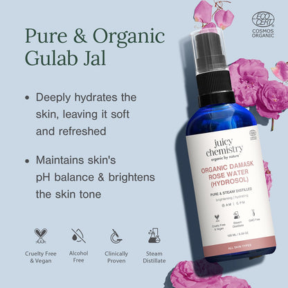 Juicy Chemistry Organic Damask Rose Water (Hydrosol), 100 ml | 100% Pure Steam Distilled | Brightens & Promotes Even Skin Tone | Boosts Skin Hydration | Dermatologically Tested | Clinically Proven