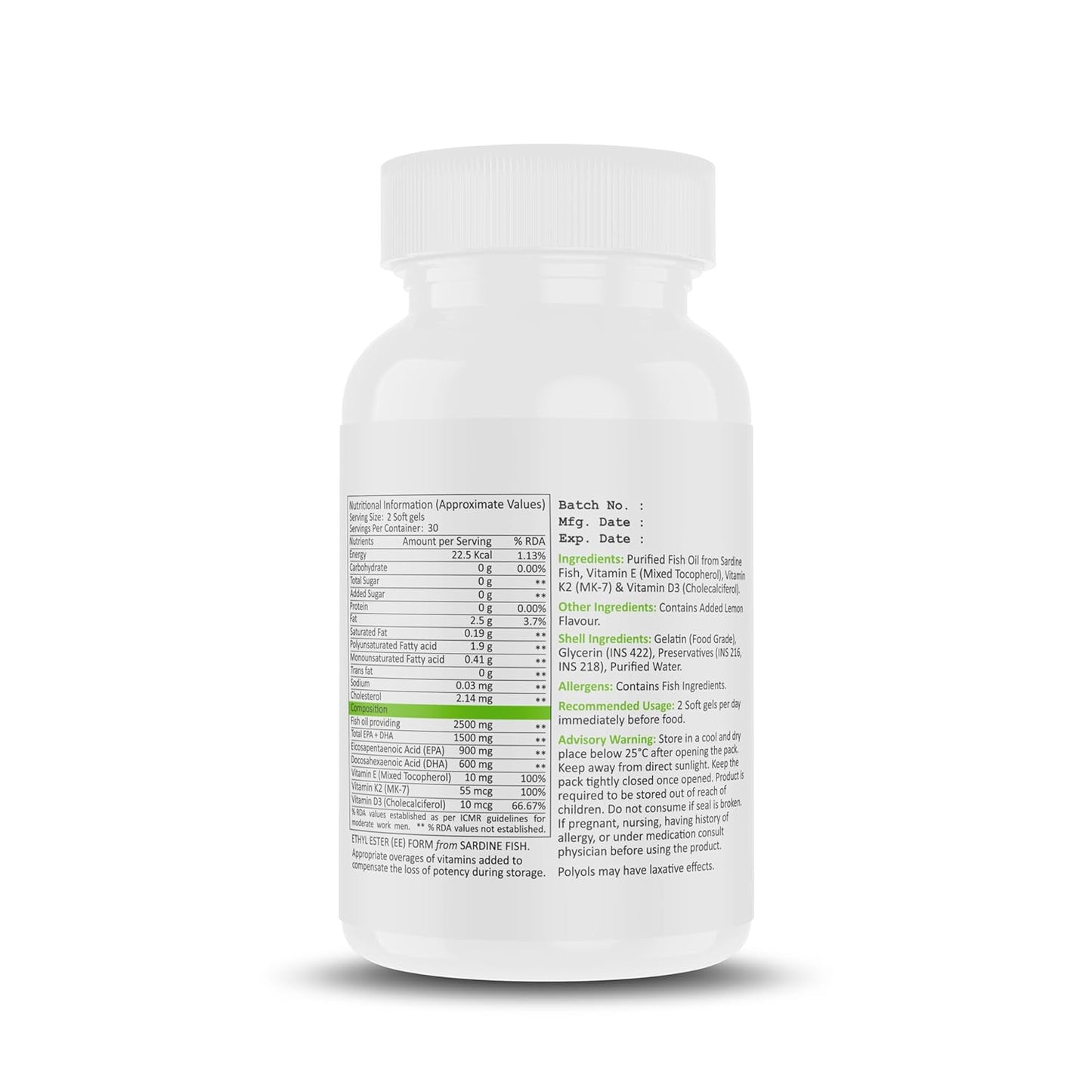 Muscle Nectar (MN) Omega 3 Fish Oil Triple Strength 2500mg for Men & Women - Molecularly Distilled (1500mg EPA/DHA) (60 Soft gels)