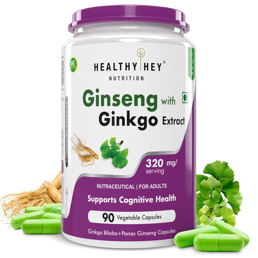 Healthy Hey Nutrition Ginseng with Ginkgo Extract supplement bottle on a white background